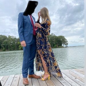 Fashion nova dress; small; navy blue w. gold design. Long sleeve maxi